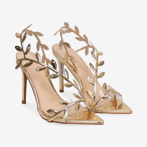 Shoes - Women’s Leaf Wrap Around Stiletto Heeled Sandals in Mirriored Gold Faux Leather